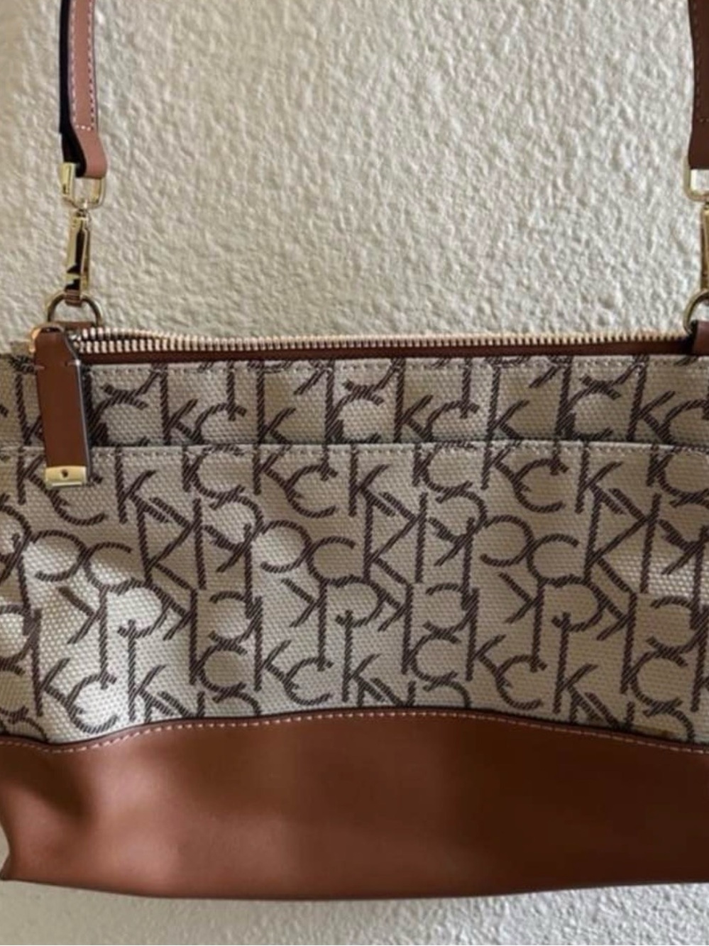 Calvin Klein Signature Brown and Cream Shoulder Bag